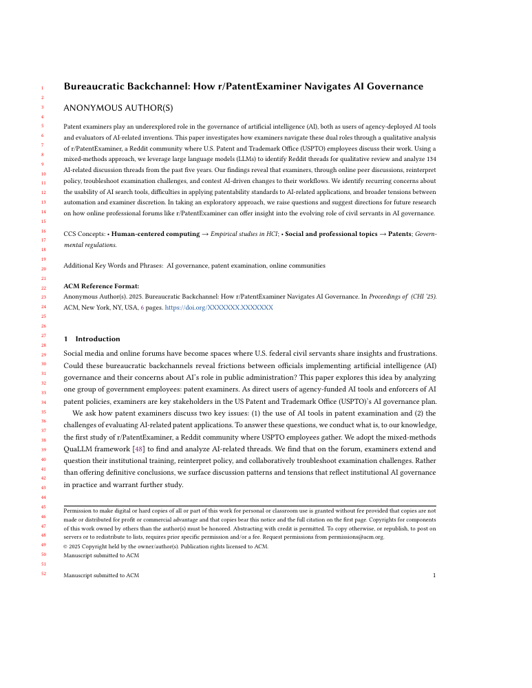 First page of Bureaucratic Backchannel: How r/PatentExaminer Navigates AI Governance