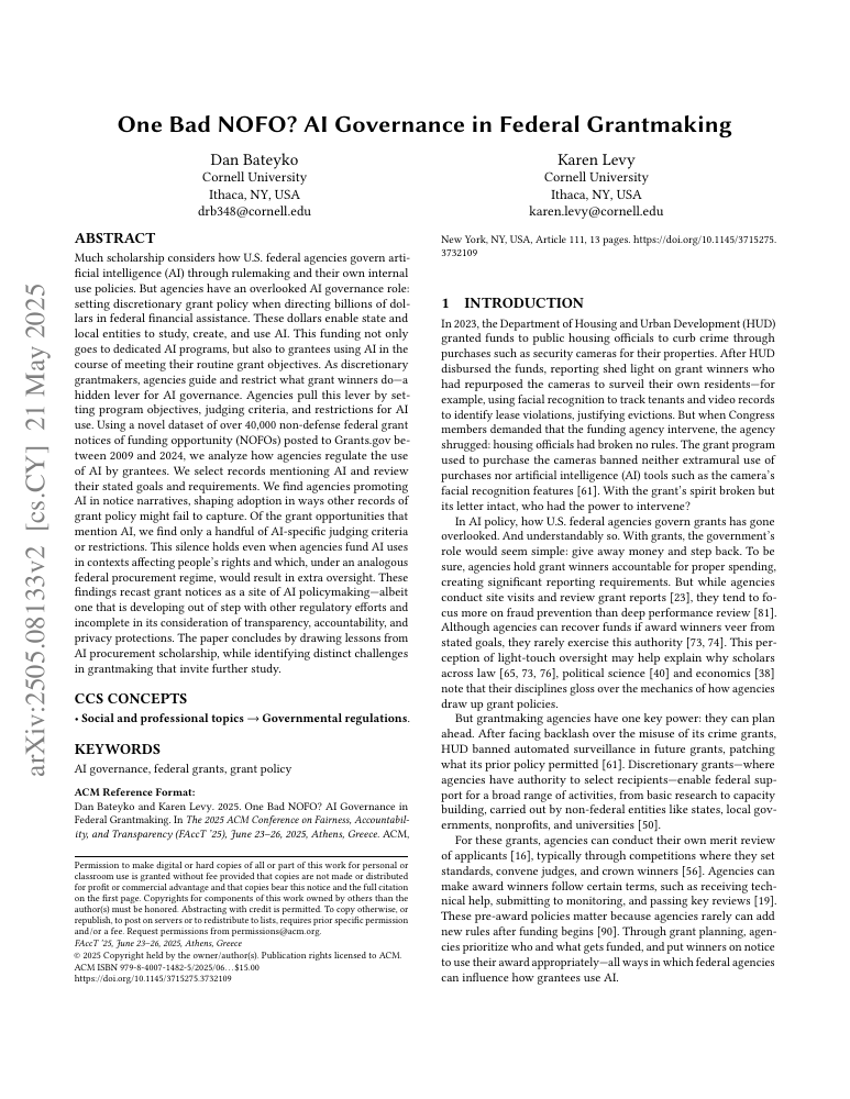 First page of One Bad NOFO? AI Governance in Federal Grantmaking