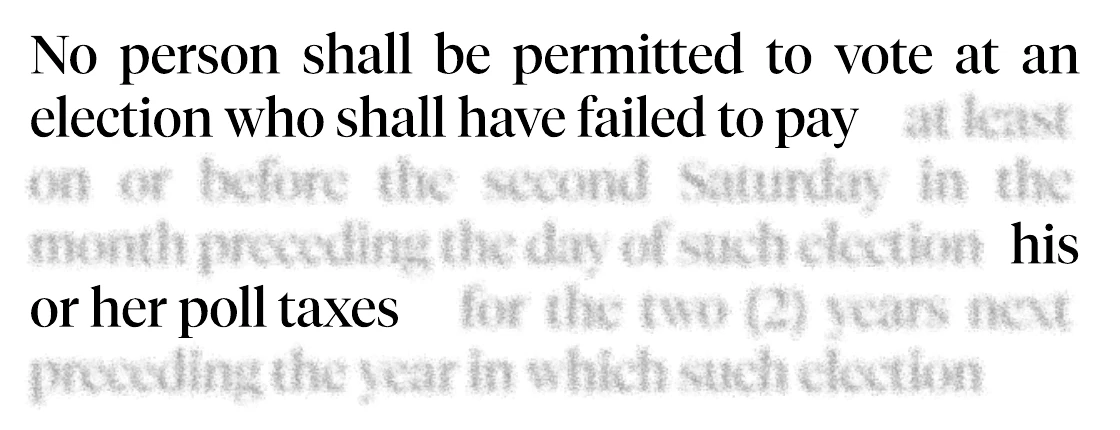 A local-law excerpt highlighting a poll-tax voting restriction beginning “No person shall be permitted to vote,” with surrounding words faded.