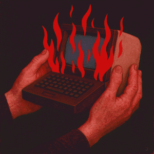 Urban night scene with neon reflections.